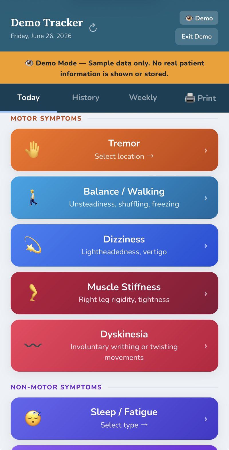 Screenshot of the Parkinson's symptom tracker in demo mode