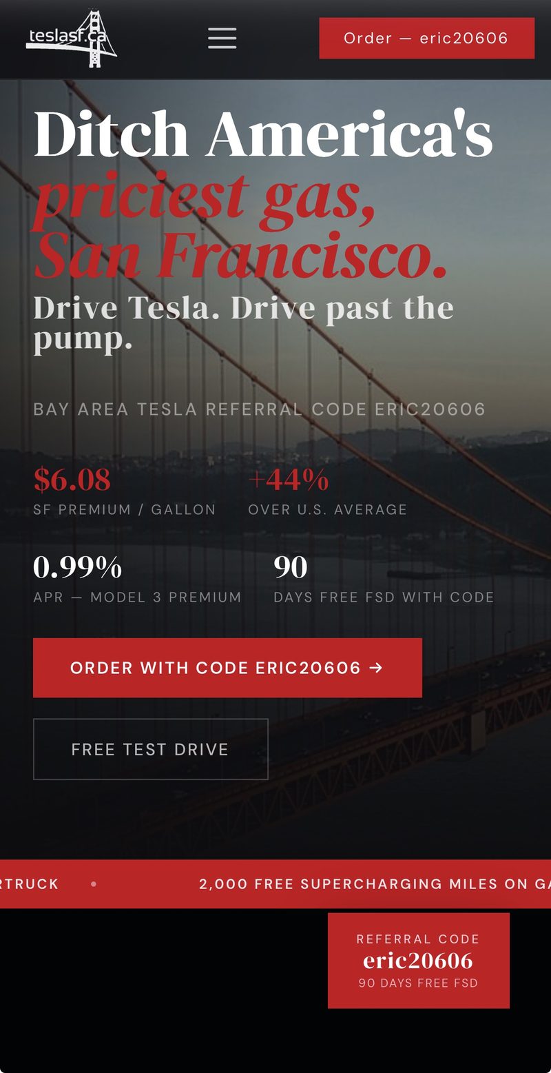 Screenshot of the teslasf.ca homepage